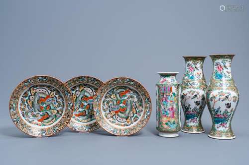 THREE CHINESE CANTON FAMILLE ROSE VASES AND THREE 'BUTTE...