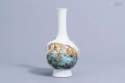 A CHINESE FAMILLE ROSE VASE WITH CALLIGRAPHY AND A TIGER, JI...