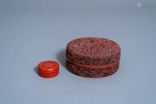 TWO CHINESE CARVED CINNABAR LACQUER BOXES AND COVERS WITH DR...