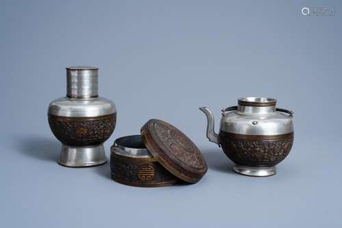 A CHINESE PEWTER AND CARVED COCONUT 'SHOU' BOX AND C...