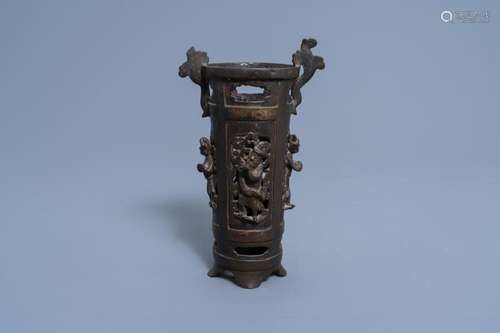 A CHINESE BRONZE INCENSE STICK HOLDER WITH APPLIED DESIGN OF...