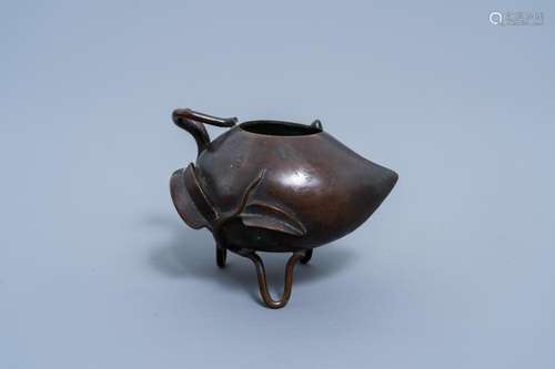 A CHINESE BRONZE PEACH-SHAPED BRUSH WASHER, QING