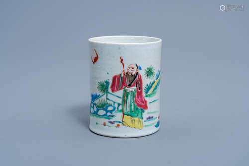 A CHINESE FAMILLE ROSE BRUSH POT WITH A FIGURE IN A LANDSCAP...