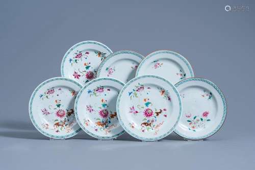 SEVEN CHINESE FAMILLE ROSE SAUCER PLATES WITH FLORAL DESIGN,...