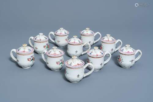 TEN CHINESE FAMILLE ROSE CREAM CUPS AND COVERS WITH TWISTED ...