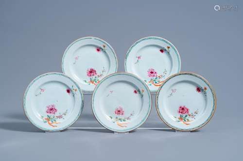 FIVE CHINESE FAMILLE ROSE SAUCER PLATES WITH FLORAL DESIGN, ...