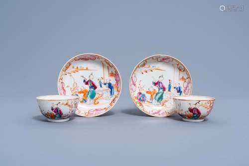 A PAIR OF CHINESE FAMILLE ROSE 'MANDARIN' CUPS AND S...