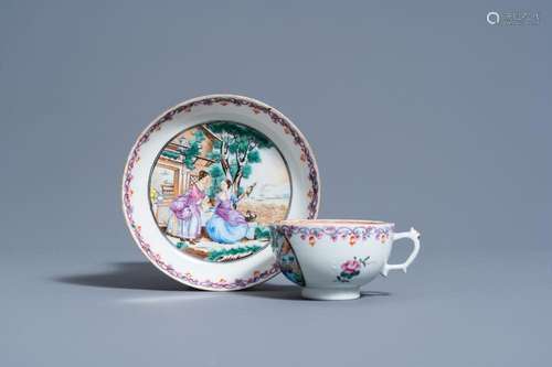 A CHINESE FAMILLE ROSE CUP AND SAUCER WITH EUROPEAN SUBJECTS...