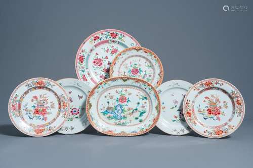 SEVEN CHINESE FAMILLE ROSE PLATES AND CHARGERS WITH BIRDS AN...