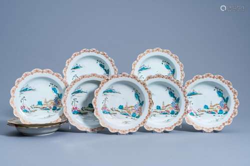 NINE CHINESE FAMILLE ROSE AND GILT DISHES WITH AN ANIMATED R...