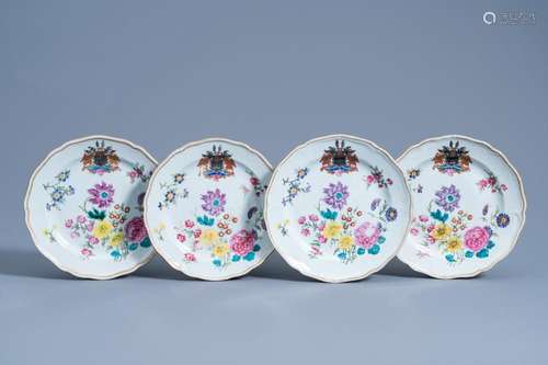 FOUR CHINESE FAMILLE ROSE EXPORT PORCELAIN ARMORIAL PLATES W...