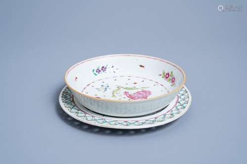 A CHINESE FAMILLE ROSE STRAINER ON STAND WITH INSECTS AND FL...