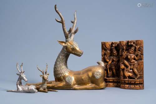 THREE INDIAN BRASS AND SILVER-PLATED METAL MODELS OF DEER AN...