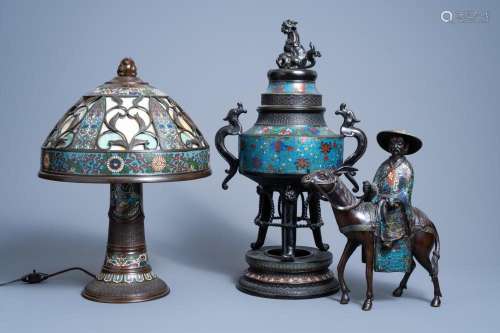 A JAPANESE CHAMPLEVÉ ENAMEL AND BRONZE INCENSE BURNER, A GRO...