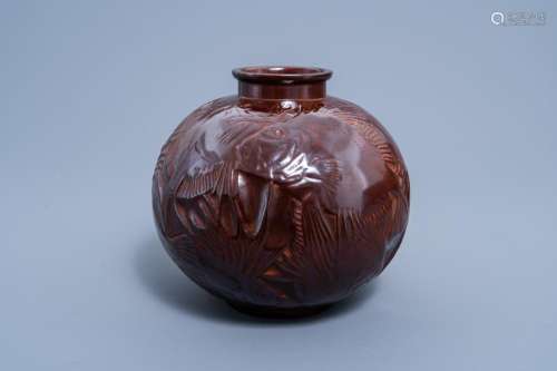 A JAPANESE BROWN PATINATED BRONZE ART DECO VASE WITH FISH RE...