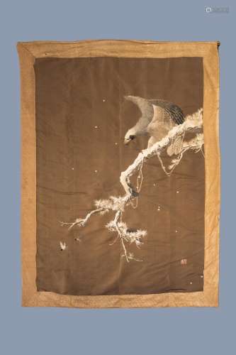 A JAPANESE EMBROIDERED SILK WALL TAPESTRY WITH AN EAGLE, MEI...