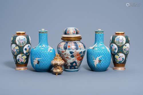 SIX VASES IN KUTANI, SATSUMA AND IMARI PORCELAIN, JAPAN, MEI...