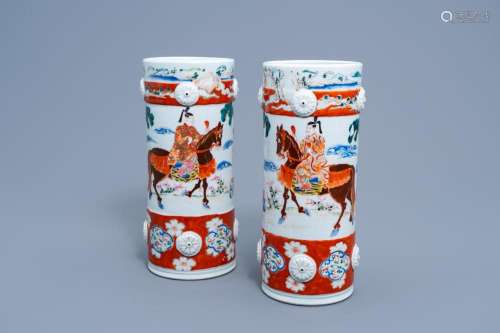 A PAIR OF JAPANESE POLYCHROME HAT STAND STANDS WITH FIGURATI...