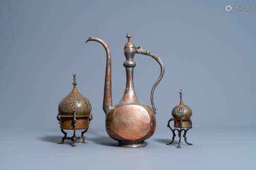TWO BRONZE INCENSE BURNERS AND A COPPERED PEWTER EWER, QAJAR...