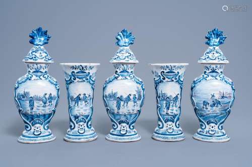 A FIVE-PIECE DUTCH DELFT BLUE AND WHITE VASE GARNITURE WITH ...