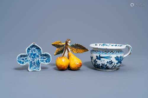 A DUTCH DELFT BLUE AND WHITE CHAMBER POT, A DISH AND A POLYC...