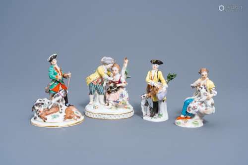 FOUR VARIOUS GROUPS IN POLYCHROME DECORATED MEISSEN PORCELAI...