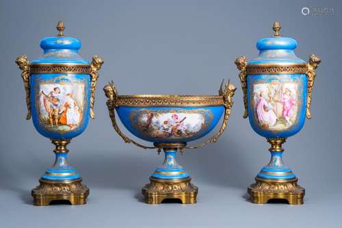 A FRENCH GILT BRONZE MOUNTED 'BLEU CELESTE' GROUND T...