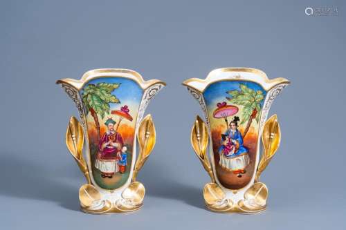 A PAIR OF GILT AND POLYCHROME OLD PARIS PORCELAIN VASES WITH...