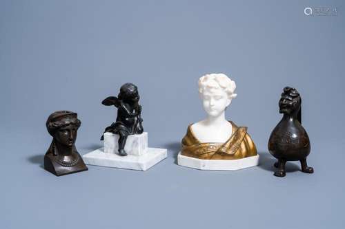 A VARIED COLLECTION OF FOUR GILT AND PATINATED BRONZE AND MA...