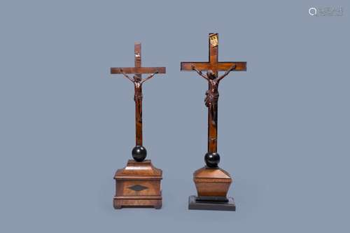 TWO LARGE INLAID WOODEN CRUCIFIXES WITH CARVED CORPUS CHRIST...