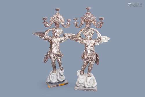 A PAIR OF IMPOSING ITALIAN CARVED, POLYCHROME PAINTED AND SI...