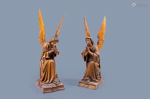 A PAIR OF LARGE CARVED OAK WOODEN GOTHIC REVIVAL ANGELS, BEL...