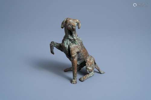 JAN DESMARETS (1961): SITTING DOG, GREEN-BROWN PATINATED BRO...