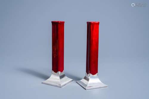 A PAIR OF ENGLISH RED GLAZED SOLIFLEUR VASES WITH SILVER BAS...