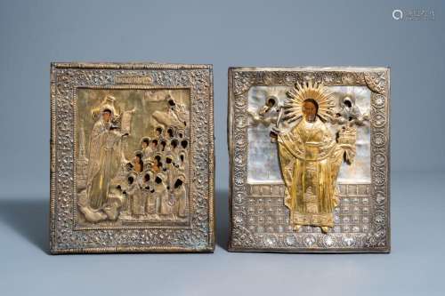 TWO RUSSIAN ICONS WITH SILVER-PLATED OKLAD OR RIZZA, 'SA...
