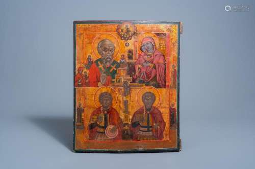 A RUSSIAN FOUR FIELD ICON, 'MOTHER OF GOD AND SAINTS'...