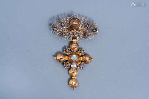 AN 18 CARAT YELLOW GOLD AND SILVER FLEMISH CROSS SET WITH DI...