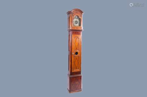 A LARGE FRENCH WOOD LONGCASE CLOCK WITH VARIOUS WOOD INLAYS,...