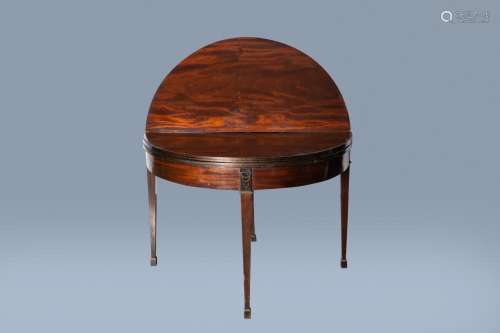 A BELGIAN MAHOGANY 'DEMILUNE' CARD TABLE WITH BRASS ...