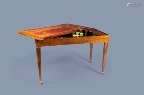 A FRENCH MAHOGANY TRICTRAC GAME TABLE WITH LEATHER TOP, 18TH...