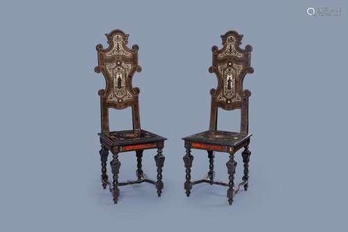 A PAIR OF ITALIAN EBONISED WOOD CHAIRS WITH TORTOISESHELL IN...