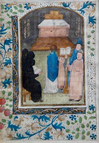 AN ILLUMINATED MINIATURE ON PARCHMENT DEPICTING THE WORSHIP,...