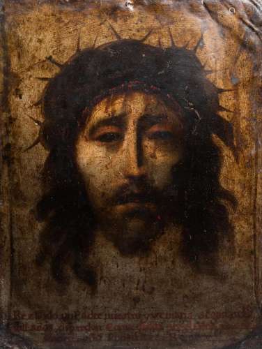 SPANISH SCHOOL: CHRIST WITH CROWN OF THORNS, OIL ON COPPER, ...