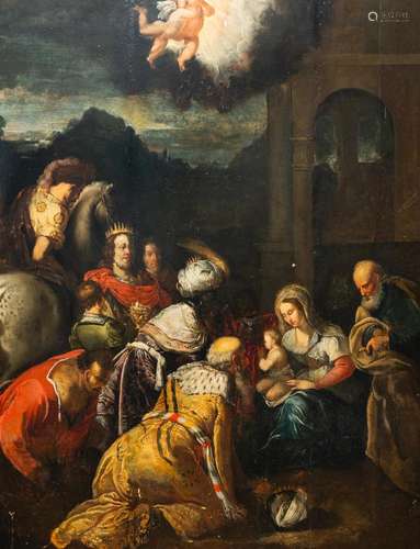 GERMAN SCHOOL: ADORATION OF THE MAGI, OIL ON PANEL, 17TH C.