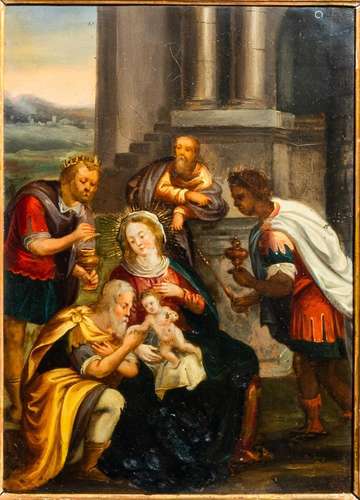 FLEMISH SCHOOL: ADORATION OF THE MAGI, OIL ON COPPER, 17TH C...