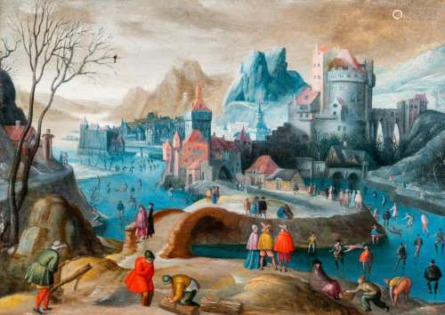 FLEMISH SCHOOL: WINTER LANDSCAPE WITH SKATERS ON THE ICE AND...