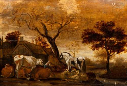 DUTCH SCHOOL: TAKING CARE OF THE LIVESTOCK, OIL ON PANEL, 17...