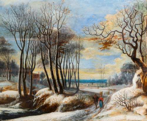 FLEMISH SCHOOL: SNOW LANDSCAPE WITH MARKET-GOERS, OIL ON PAN...