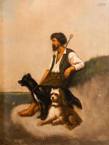 V. HERELMA (19TH C.): MAN IN THE COMPANY OF HIS TWO DOGS BY ...