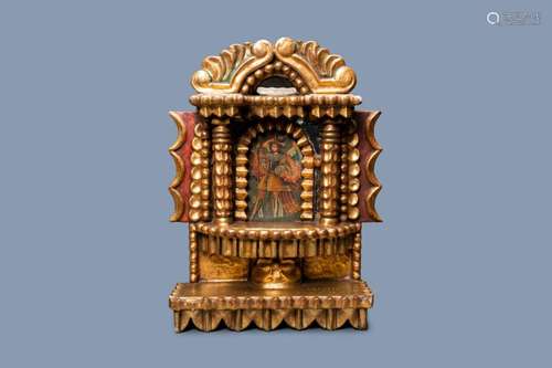 CUZCO SCHOOL, PERU: A GILT WOOD SHRINE WITH ÁNGEL ARCABUCERO...